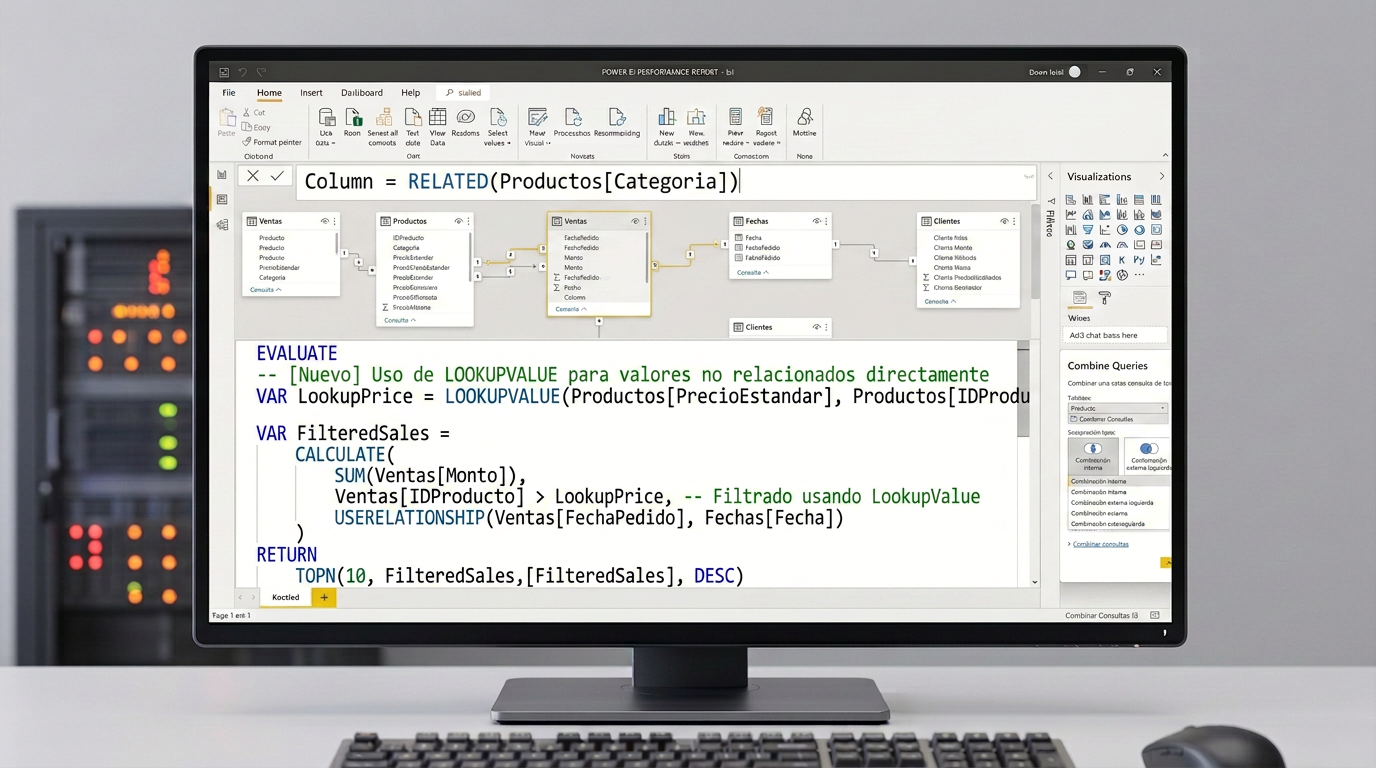 Vista de modelo de Power BI con relaciones entre tablas visibles